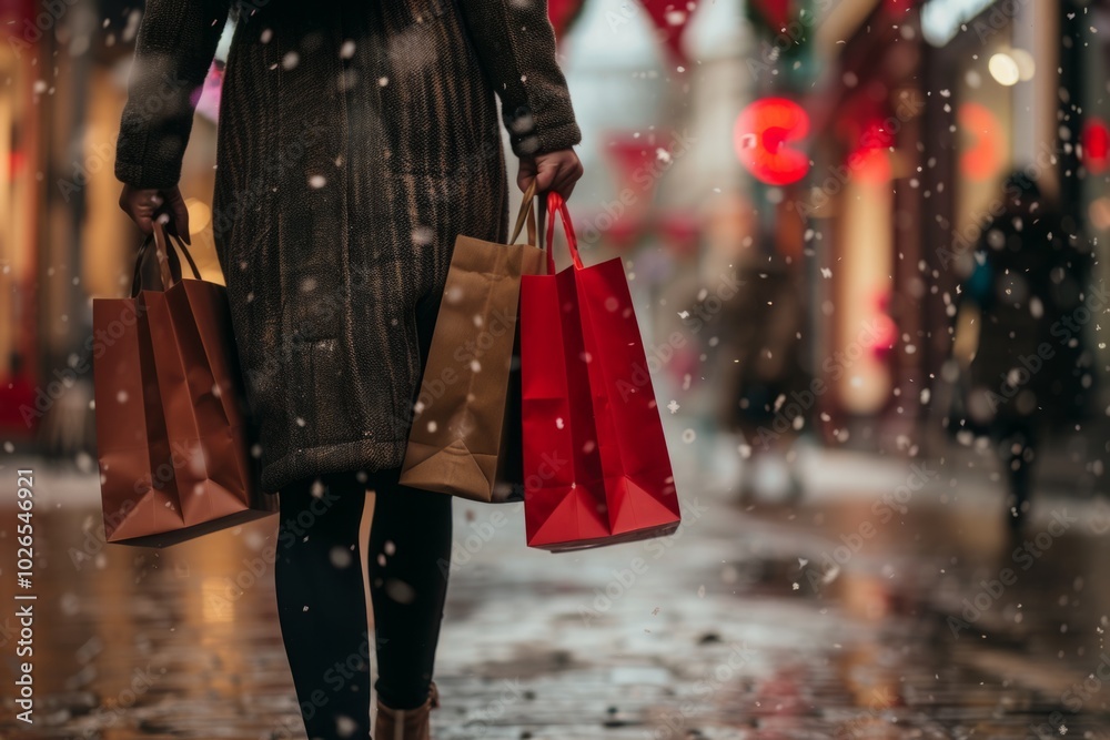 A woman is walking down a street with three shopping bags, one of which is red A woman is walking down a street with three shopping bags, one of which is red