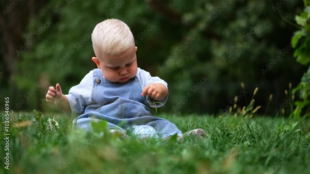 Focused cute baby boy in jeans romper sitting in the grass. Little kid picks some grass. Blurred backdrop. Focused cute baby boy in jeans romper sitting in the grass. Little kid picks some grass. Blurred backdrop.
