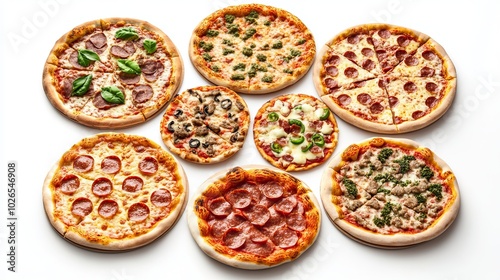 Top view set of different pizzas. Set collection isolated on white background pesto pizza, chicken pizza, fajita pizza, all pizza flavors. 