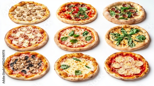 Top view set of different pizzas. Set collection isolated on white background pesto pizza, chicken pizza, fajita pizza, all pizza flavors. 