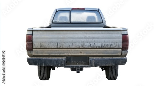 Rear view of a dirty pickup truck isolated on white.
