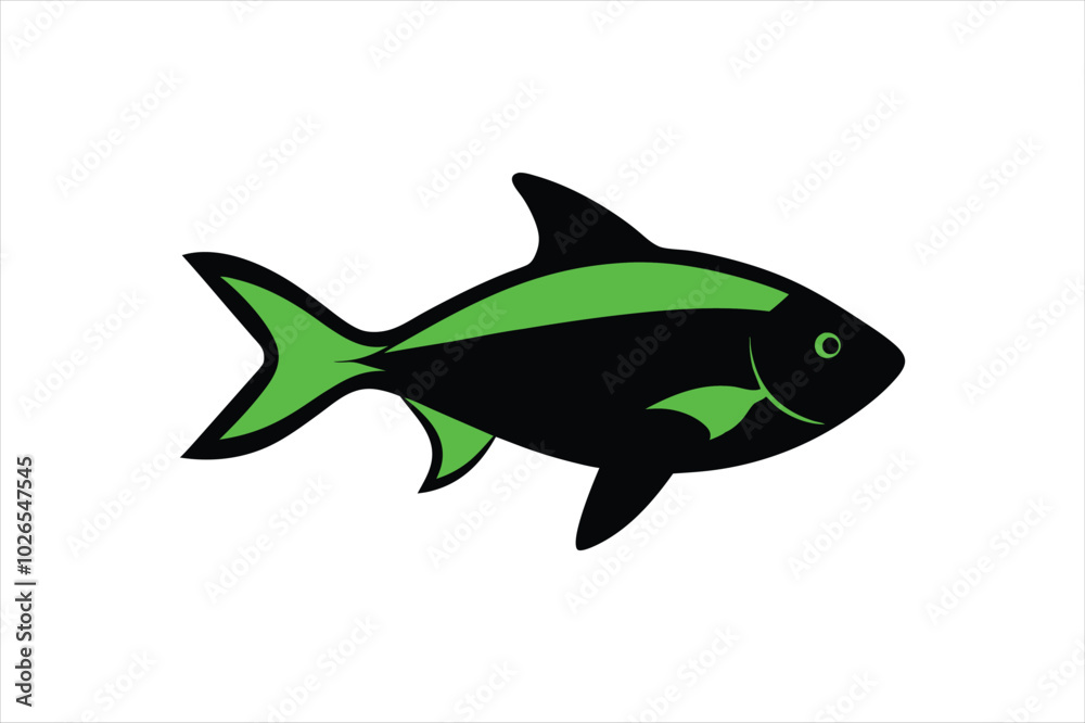 Obraz premium Green Neon Tetra fish silhouette black vector artwork illustration.