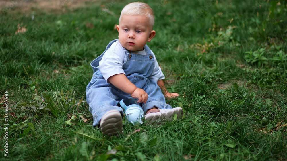 Adorable child in a jeans romper sitting in the green grass in summer. Little toddler boy playing outdoors. Adorable child in a jeans romper sitting in the green grass in summer. Little toddler boy playing outdoors.