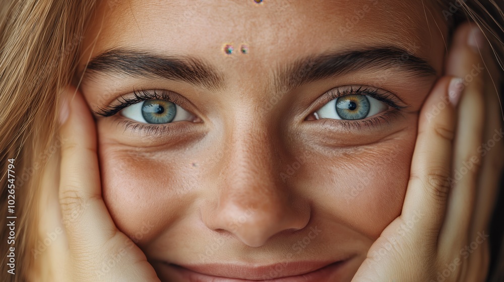 Close-up portrait of a person with blue eyes and brown hair, hands resting on cheeks, looking directly at the camera Close-up portrait of a person with blue eyes and brown hair, hands resting on cheeks, looking directly at the camera