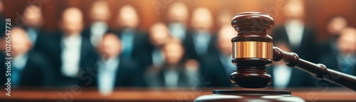 A close-up of a gavel symbolizing justice in a courtroom setting with blurred figures in the background, representing the legal system.