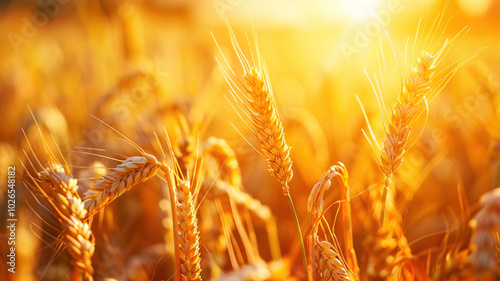 Autumn harvest season. Agriculture and farming concept. Close-up of golden wheat field with sun shine at the end. Beautiful nature background 