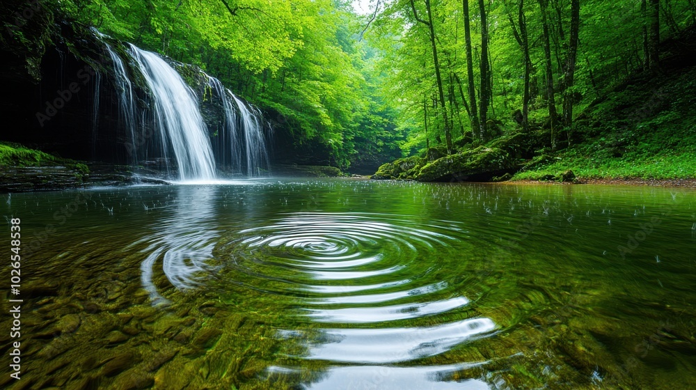 Serene Waterfall in Lush Green Forest Setting Serene Waterfall in Lush Green Forest Setting