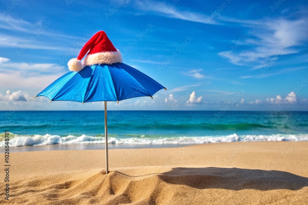 Blue Umbrella on Beach with Santa Hat - Holiday Vibes and Summer Bliss Blue Umbrella on Beach with Santa Hat - Holiday Vibes and Summer Bliss