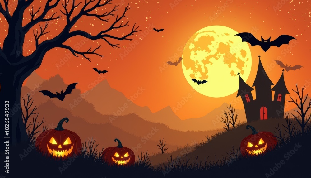 Pumpkin in Halloween night sky, bat in eerie card art. Holiday wallpaper with mysterious moon, happy celebration at event. Pumpkin in Halloween night sky, bat in eerie card art. Holiday wallpaper with mysterious moon, happy celebration at event.