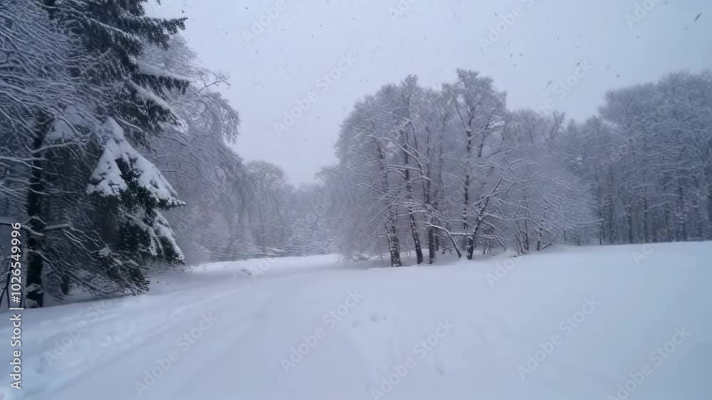Snowy winter forest landscape with road, while snow is falling Snowy winter forest landscape with road, while snow is falling