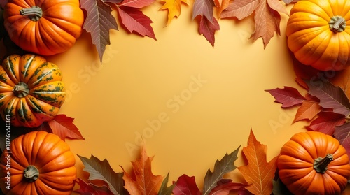 Autumn holiday background featuring pumpkins, colorful dried leaves, and fall decorations arranged at the bottom, leaving the top part empty. Flat lay, top view with copy space. Happy Thanksgiving, ha