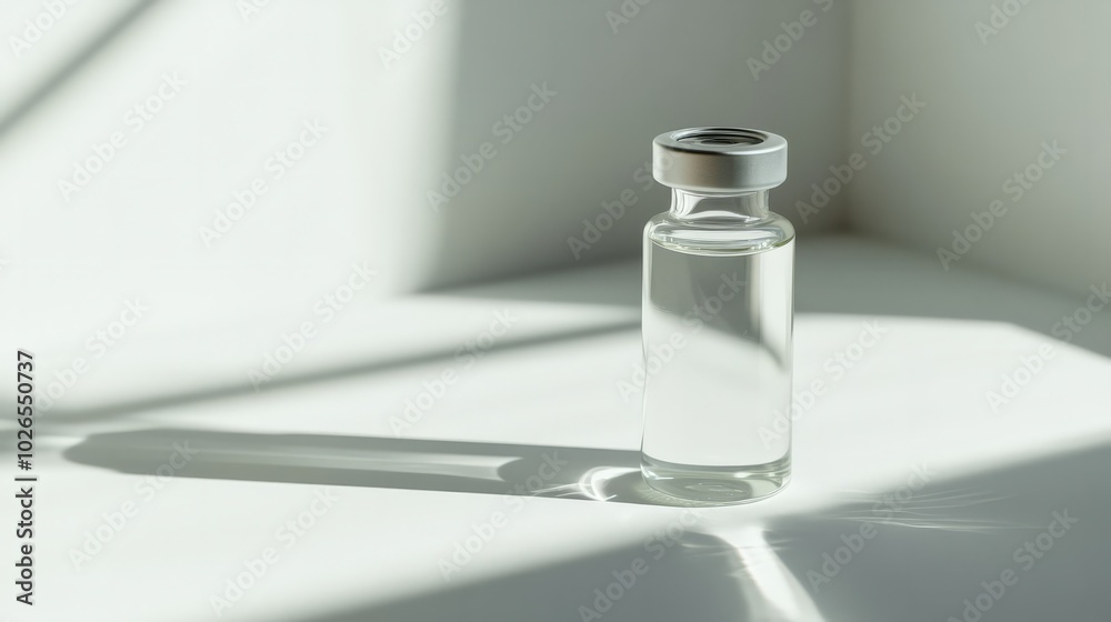Intravenous potassium chloride solution in clear vial. Minimalist background with soft shadows Intravenous potassium chloride solution in clear vial. Minimalist background with soft shadows