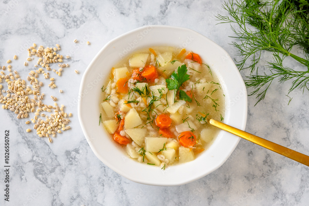Krupnik, polish barley soup with vegetables