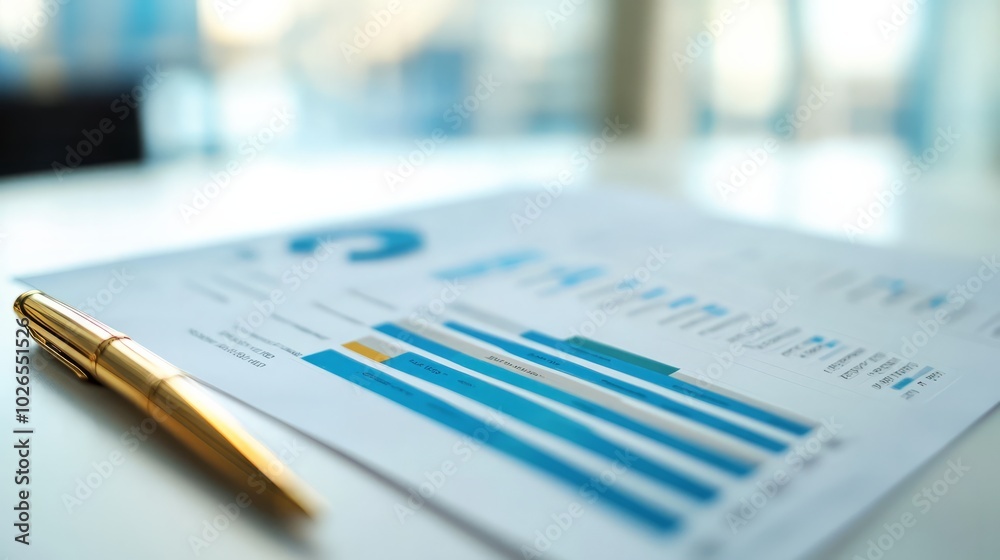 Financial Report Analysis: Close-up of a detailed financial report with bar and pie charts, accompanied by a gold pen, suggesting strategic planning and business analysis. Financial Report Analysis: Close-up of a detailed financial report with bar and pie charts, accompanied by a gold pen, suggesting strategic planning and business analysis.