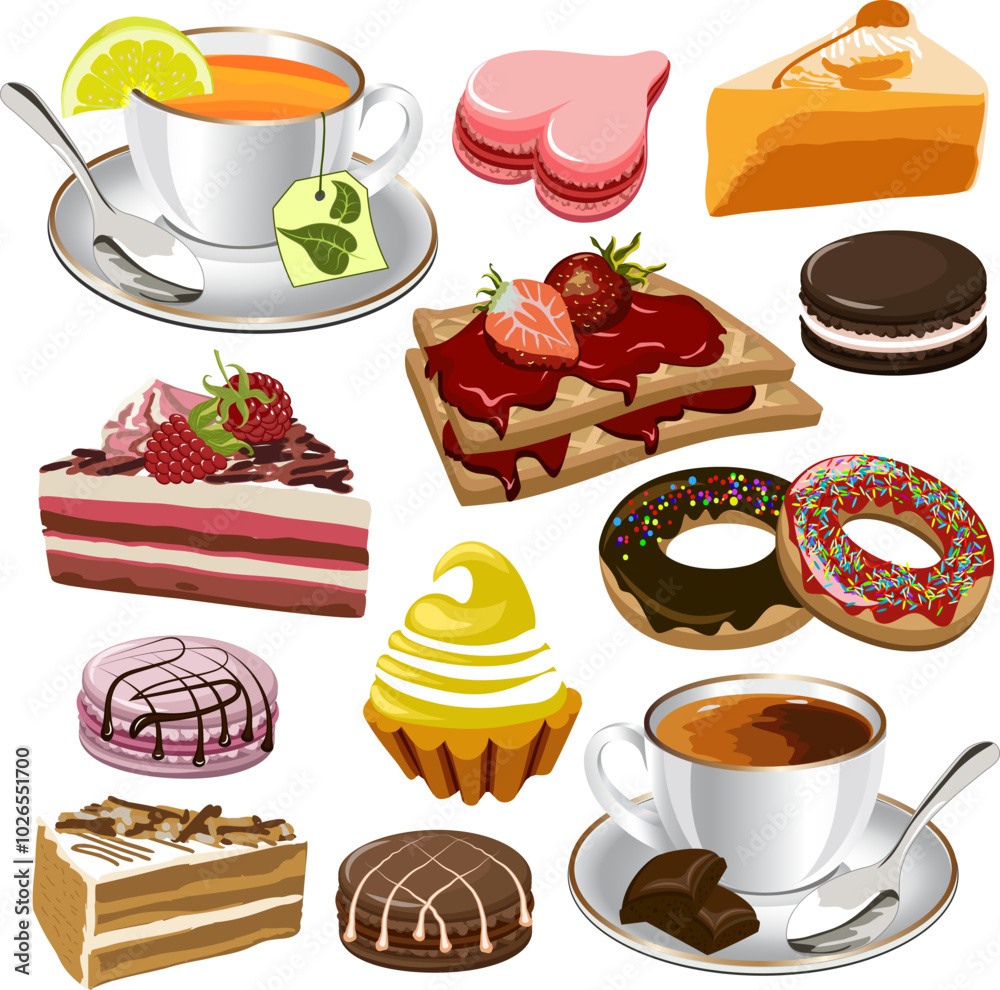 Illustration with cups and desserts.Cups with tea and coffee in color vector illustration with sweet desserts. Illustration with cups and desserts.Cups with tea and coffee in color vector illustration with sweet desserts.