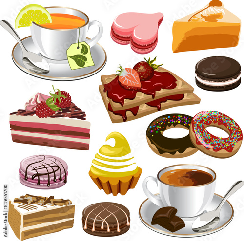 Illustration with cups and desserts.Cups with tea and coffee in color vector illustration with sweet desserts.