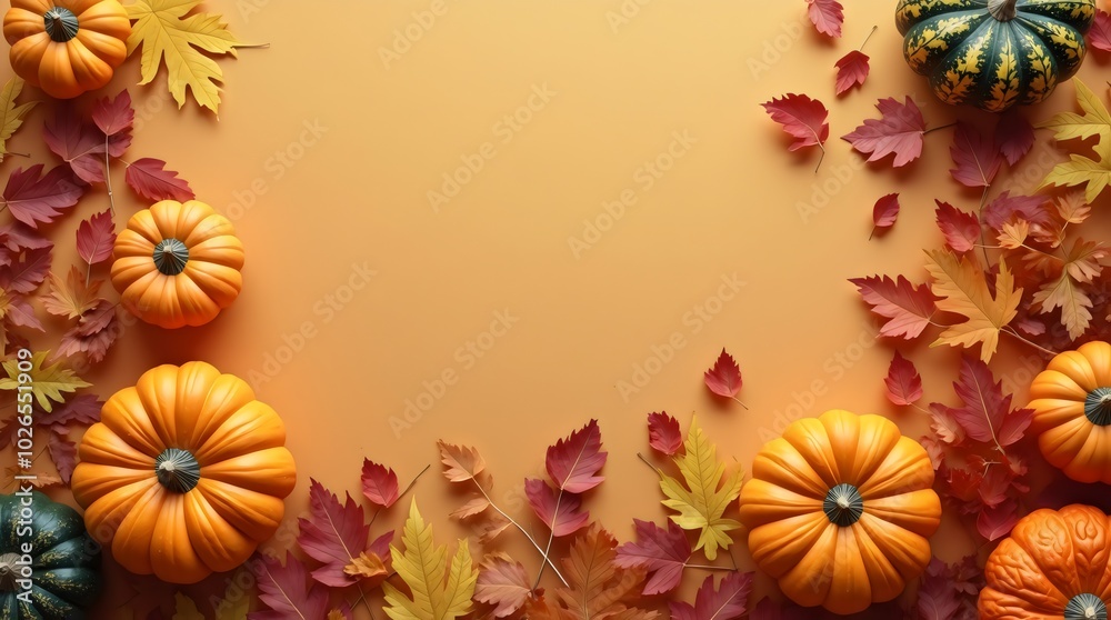 Autumn holiday background featuring pumpkins, colorful dried leaves, and fall decorations arranged at the bottom, leaving the top part empty. Flat lay, top view with copy space. Happy Thanksgiving, ha Autumn holiday background featuring pumpkins, colorful dried leaves, and fall decorations arranged at the bottom, leaving the top part empty. Flat lay, top view with copy space. Happy Thanksgiving, ha