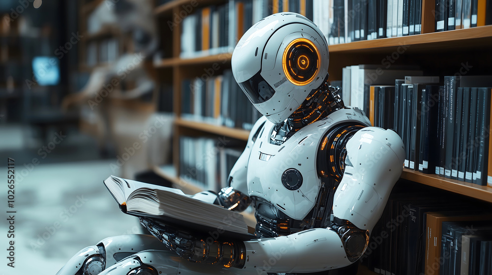 Advanced AI Robot Reading in a Modern Library Advanced AI Robot Reading in a Modern Library