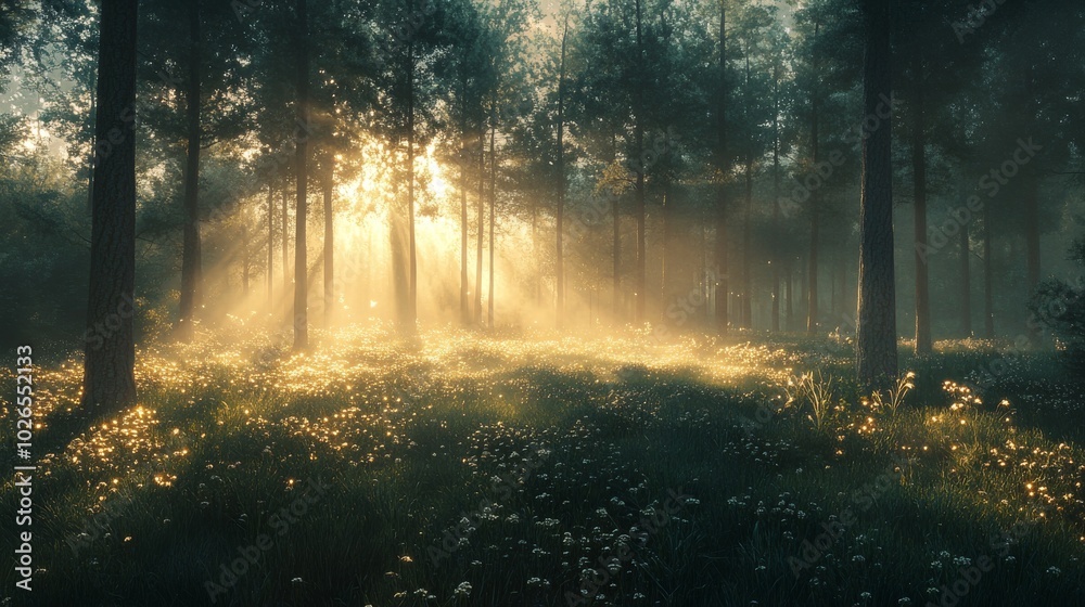 Naklejka premium Sunbeams Illuminate a Mystical Forest Clearing