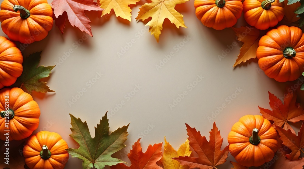 Autumn holiday background featuring pumpkins, colorful dried leaves, and fall decorations arranged at the bottom, leaving the top part empty. Flat lay, top view with copy space. Happy Thanksgiving, ha Autumn holiday background featuring pumpkins, colorful dried leaves, and fall decorations arranged at the bottom, leaving the top part empty. Flat lay, top view with copy space. Happy Thanksgiving, ha