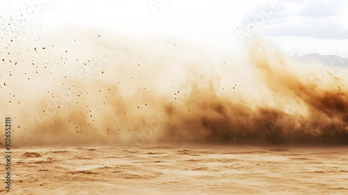 A powerful sandstorm with sand and dust particles flying and spinning isolated on white