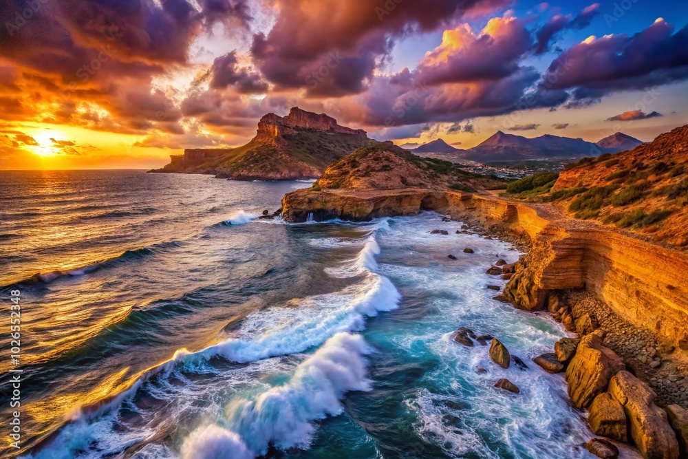Naklejka premium Breathtaking drone captures showcase the wild sea at sunset along Aguilas' Murcian coastline, revealing nature's stunning beauty in vivid colors and