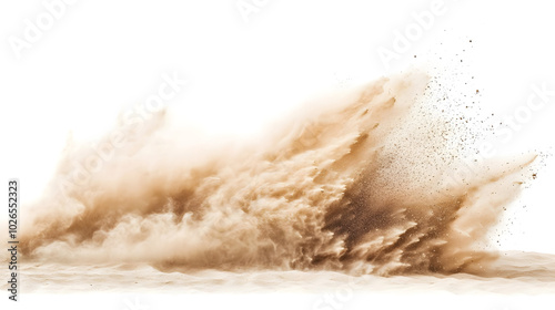 A sandstorm kicking up fine particles of sand creating a dense dust cloud against a white background