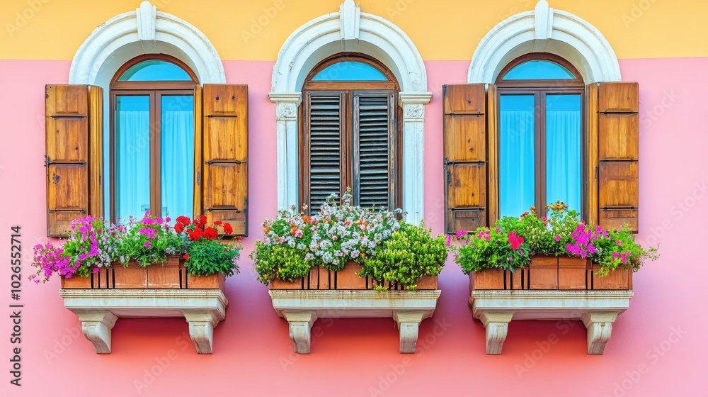 Three arched windows with wooden shutters and flower boxes on a pastel pink and yellow building facade. Three arched windows with wooden shutters and flower boxes on a pastel pink and yellow building facade.
