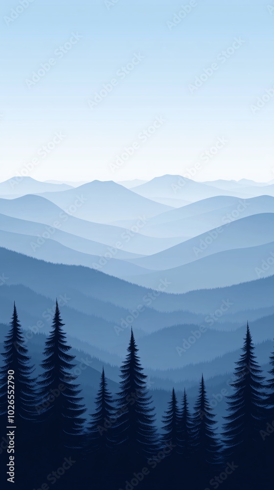 Fototapeta premium A panoramic view of rolling blue mountains with pine trees silhouetted in the foreground.