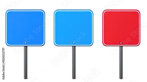 Three blank square signs with white borders on metal poles. The left two are blue and the right one is red. The signs are isolated on a white background.