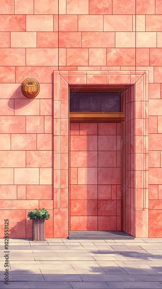 A pink brick building with a doorway and a small potted plant in front of it. A pink brick building with a doorway and a small potted plant in front of it.