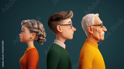 A digital illustration showing three characters of different ages in profile view, highlighting generational differences and styles.