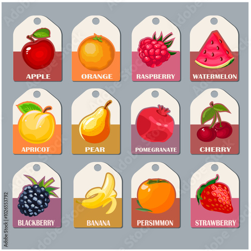 Fruit tags healthy eating apple orange pear banana pomegranate raspberry and more