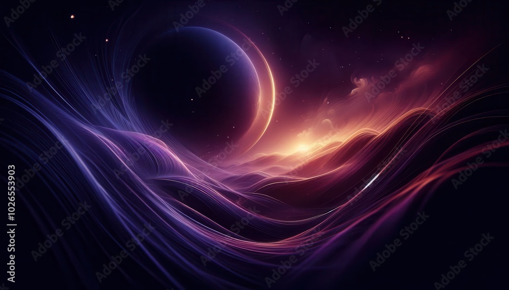 Obraz premium A cosmic landscape featuring flowing waves and a celestial body, evoking a serene atmosphere.