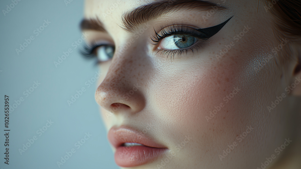 Fototapeta premium A beauty model showcasing perfect black eyeliner makeup, close-up on her eyes and smooth skin, soft shadows, well-blended foundation, professional makeup look, soft lighting, clean and fresh aesthetic