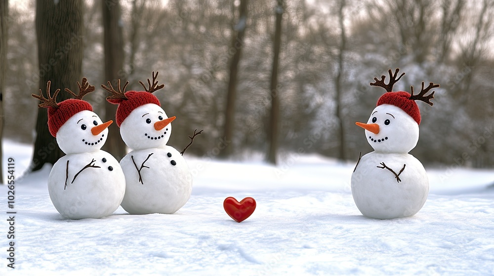 Three adorable snowmen smile brightly, dressed in white beanie hats and red scarves, as they gather in a snowy winter wonderland surrounded by red hearts Three adorable snowmen smile brightly, dressed in white beanie hats and red scarves, as they gather in a snowy winter wonderland surrounded by red hearts