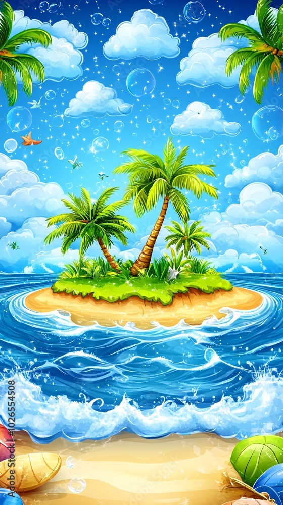 Obraz premium A small, tropical island with palm trees, green grass, and a sandy beach. The island is surrounded by a blue ocean with waves crashing on the shore