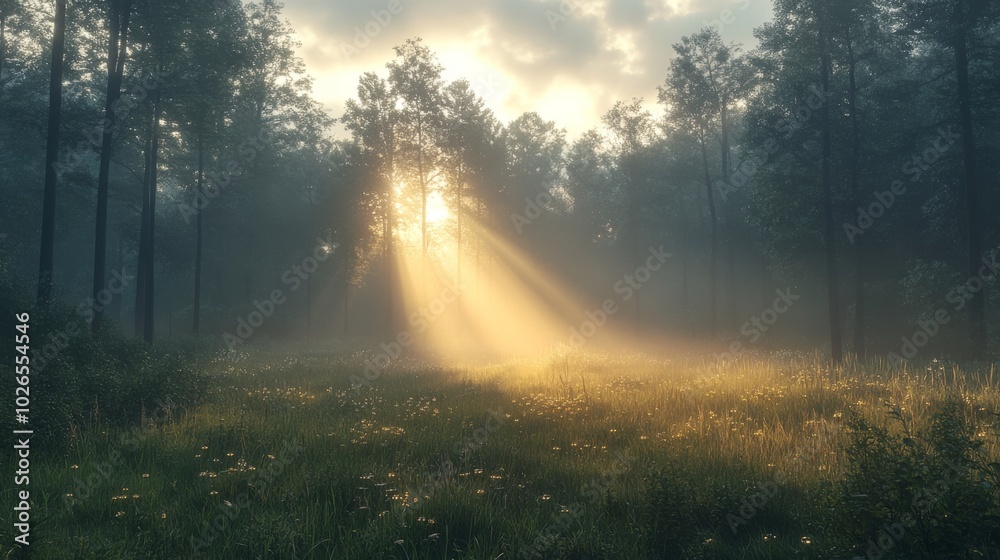Sunbeams Piercing Through Misty Forest Clearing Sunbeams Piercing Through Misty Forest Clearing
