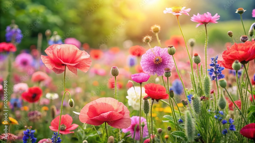 Bright pink and red poppies bloom amidst a wildflower garden, creating a stunning display for nature lovers and gardening enthusiasts to admire and Bright pink and red poppies bloom amidst a wildflower garden, creating a stunning display for nature lovers and gardening enthusiasts to admire and