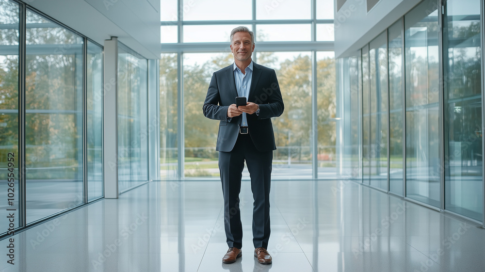 A confident mature businessman in a bright,glass-enclosed office,wearing a dark suit and holding a smartphone,professional yet friendly demeanor, minimalist modern office environment with large window A confident mature businessman in a bright,glass-enclosed office,wearing a dark suit and holding a smartphone,professional yet friendly demeanor, minimalist modern office environment with large window