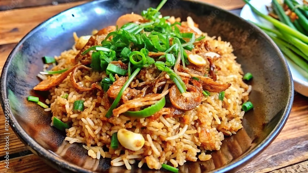 Delicious homemade fried rice topped with fresh shallots and green onions on a rustic wooden table Delicious homemade fried rice topped with fresh shallots and green onions on a rustic wooden table