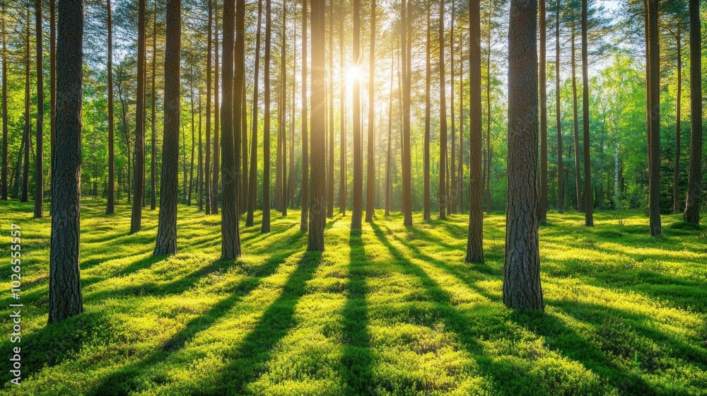 Obraz premium Sun rays shine through the tall trees of a dense green forest.