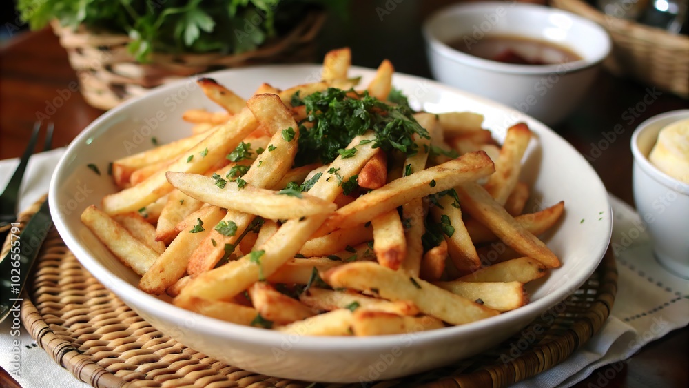 Crispy golden french fries topped with fresh herbs served in a rustic bowl on a wooden table with dipping sauce