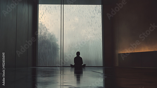 A person sitting by a large window, watching rain fall outside, soft lighting in a minimalist room, muted tones, deep sense of loneliness and contemplation.