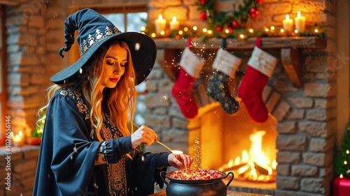  Witch Creating Festive Potions by Fireplace During Winter. Mystical scene of Christmas holiday traditions with a good witch  photo