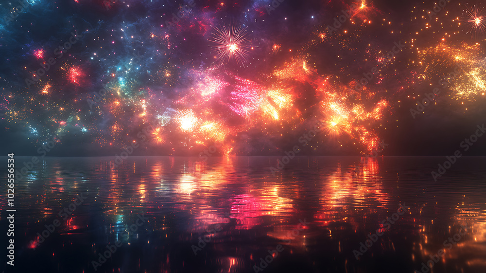 Naklejka premium A stunning close-up of bright colorful fireworks bursting in the night sky, glowing trails of light, sparkling against a deep dark background, reflections on water below, vibrant and festive atmospher