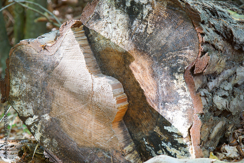 close up of cut trunk, tree rings, annual rings, cross-section of pine, lying stump