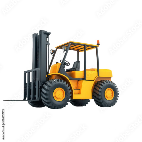 Forklift truck with yellow body and black tires on a white isolated background.