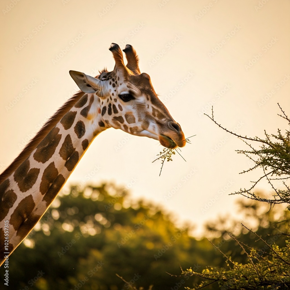Obraz premium Giraffe Eating Leaves in Golden Light