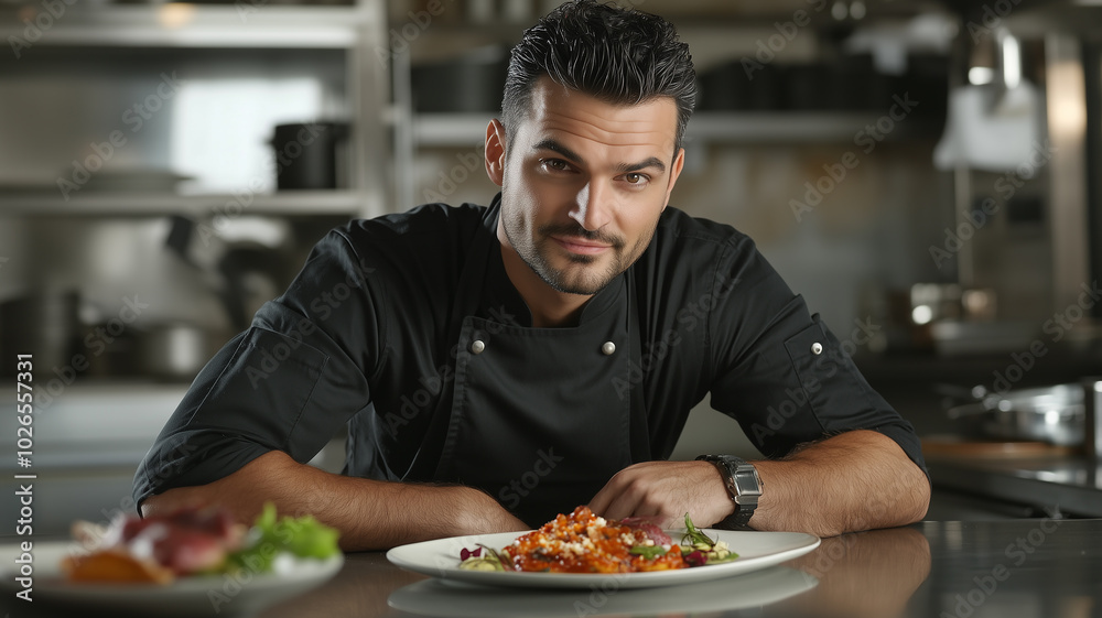 A male chef in a bright, clean kitchen, smiling confidently, leaning on the counter, a plate in front of him, stainless steel appliances in the background, a professional kitchen atmosphere.
